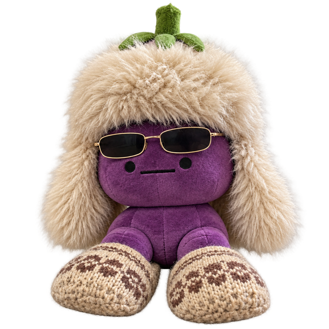 Purple plush Brrgplant wearing a huge fur hat and sunglasses